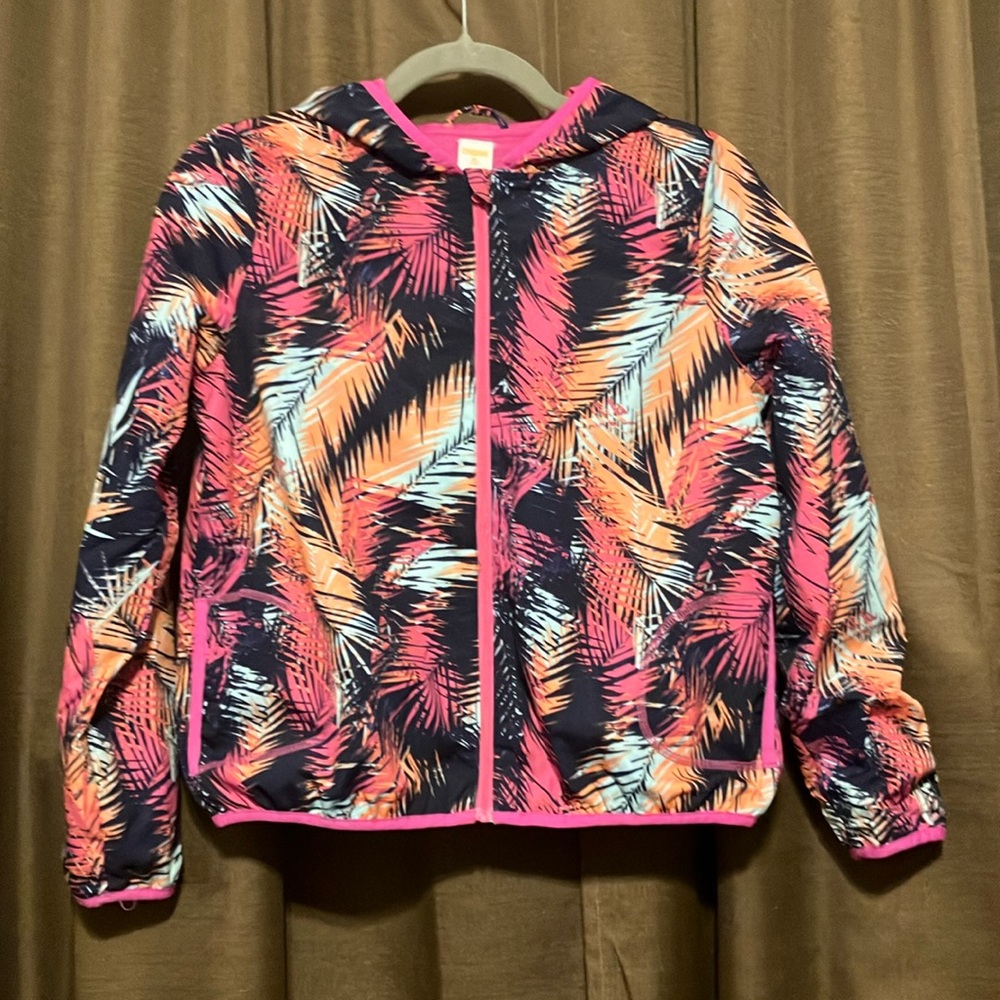 Gymboree Girls Navy Pink Orange Palm-Print Hooded Jacket, Size XL